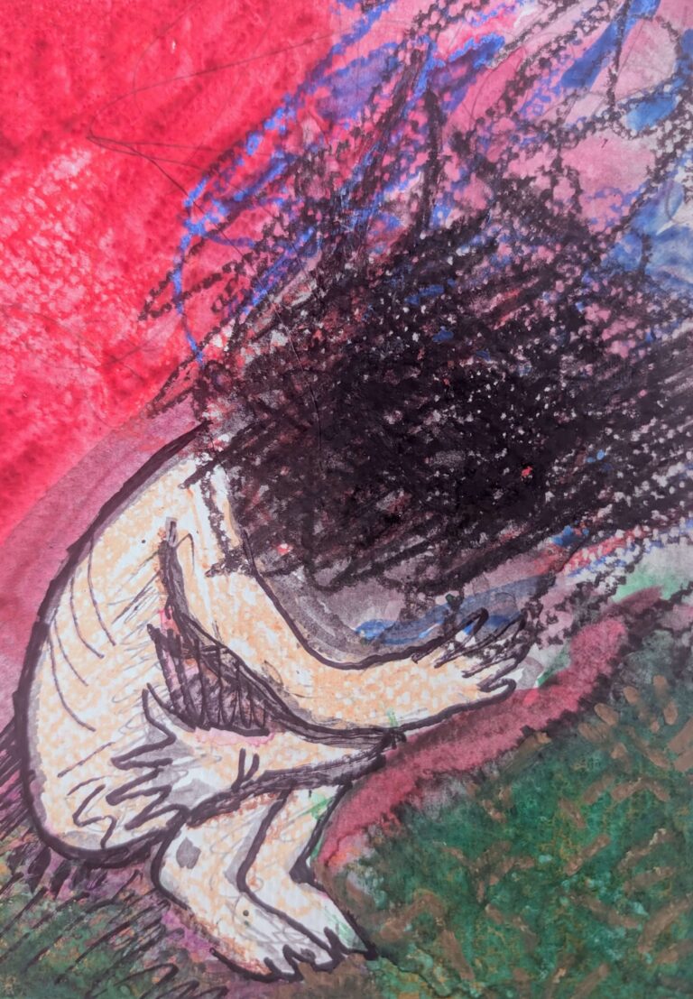 Huddled person with head exploding into scribbly black clouds.